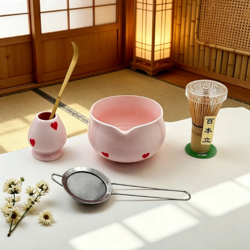 Pink Heart Ceramic Matcha Set