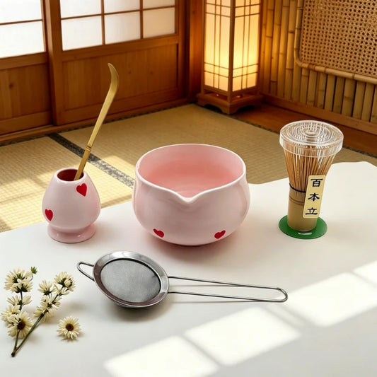 Pink Heart Ceramic Matcha Set